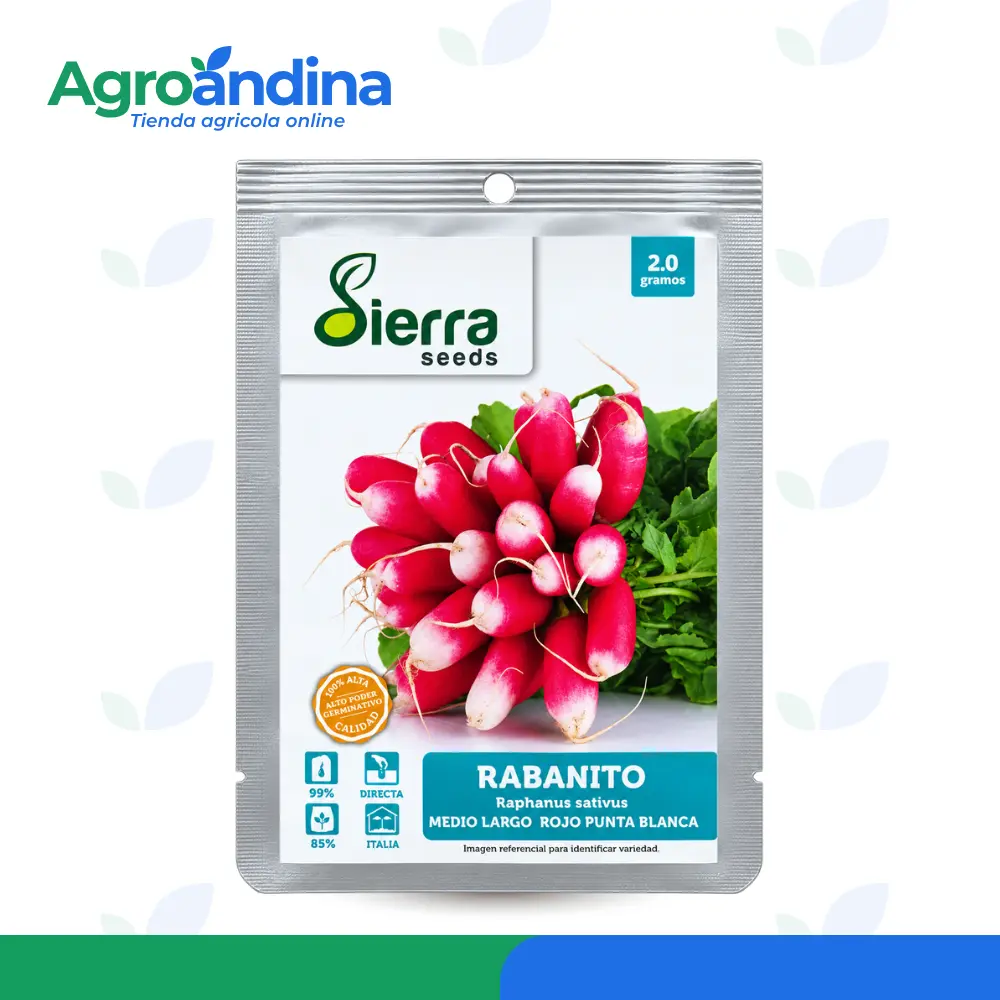 Semilla de Rabanito Medio Largo Rojo Punta Blanca 2 g Semilla de rabanito medio largo rojo punta blanca en sobre de 2 gramos